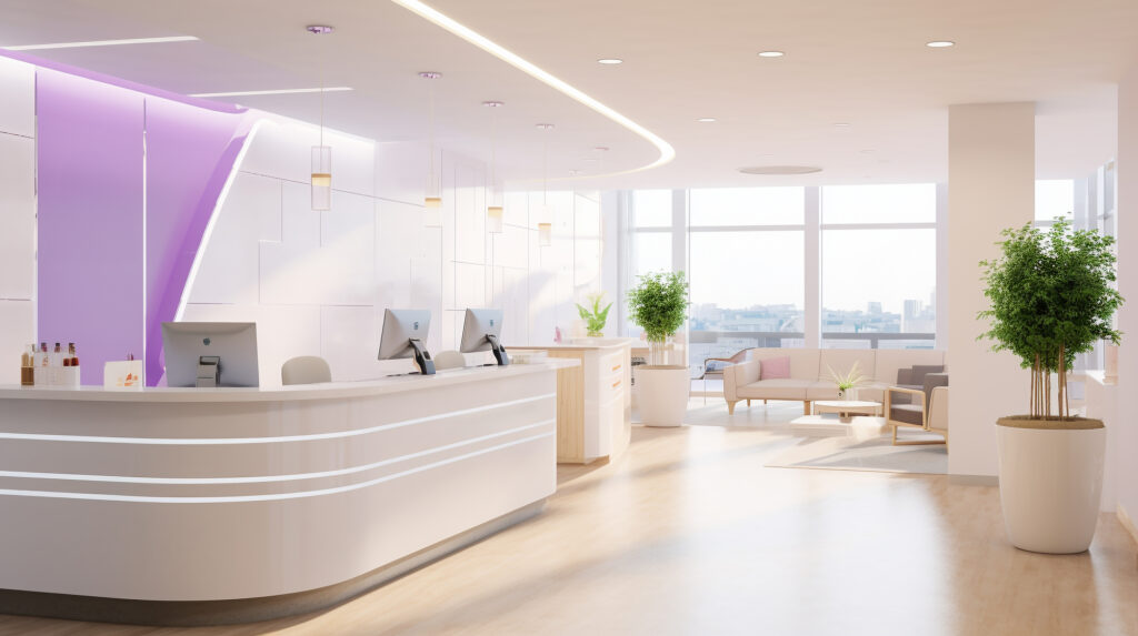 Bright, modern clinic lobby with a curved white reception desk, computer monitors, and potted plants