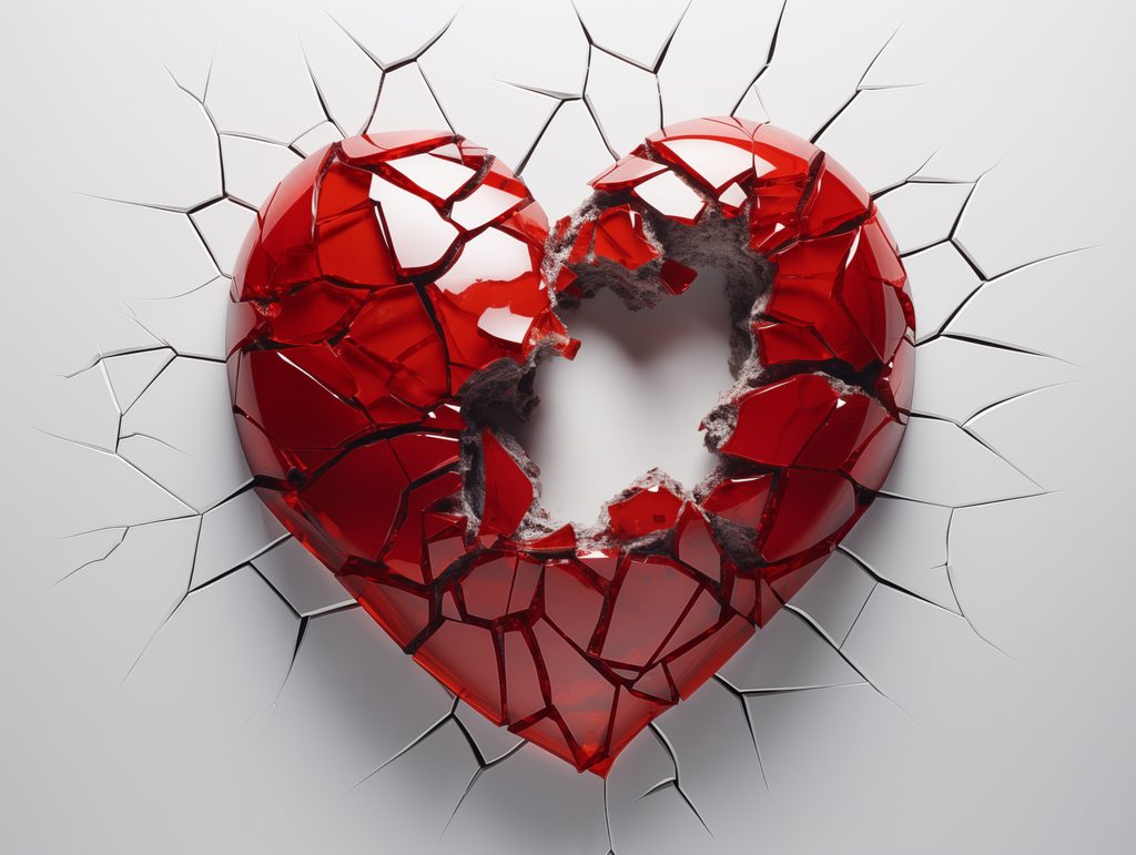 A glossy red heart shattered in the middle, set into a cracked white wall
