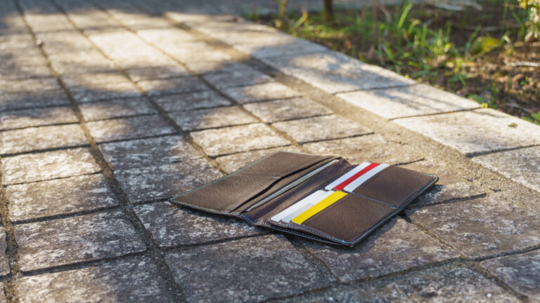 An open brown leather wallet lying on sunlit paving stones, its card slots still full.