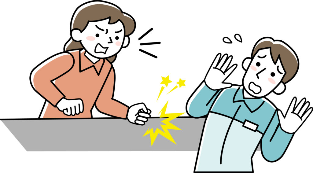 Illustration of an angry customer pounding the counter as a startled clerk raises his hands