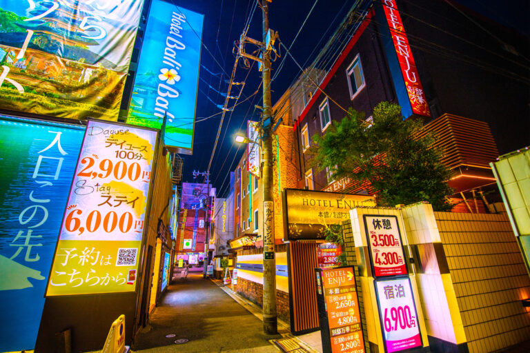 A Tokyo love hotel alley at night, neon signs advertising rest and overnight rates from 2,900 to 6,900 yen.