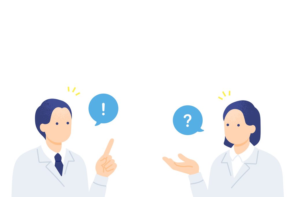 Illustration of two office workers facing each other, one with an exclamation-mark speech bubble and the other with a question mark.