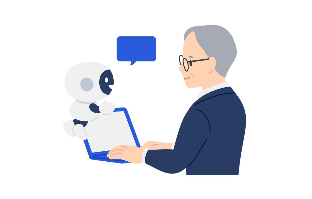 An older man in a suit types on a laptop as a small white robot peers over the screen, a speech bubble between them