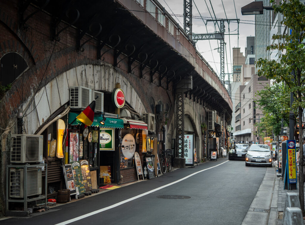 Restaurants beneath the historic brick railway viaduct in central Tokyo