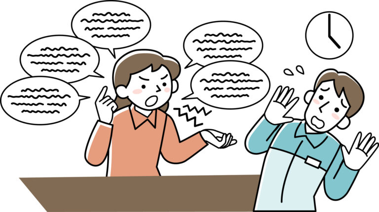 Illustration of an angry woman shouting at a frightened male clerk across a counter, speech bubbles and a clock behind them