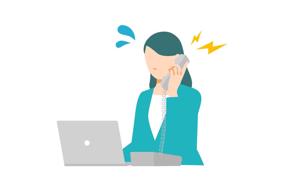 Illustration of a stressed office worker holding a phone receiver at her desk