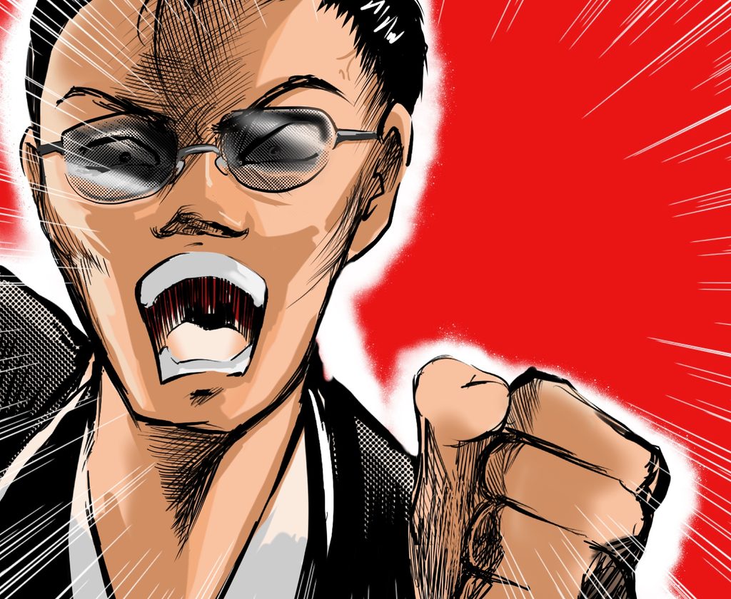 Comic-style illustration of a middle-aged man in sunglasses shouting and clenching his fist against a red burst background