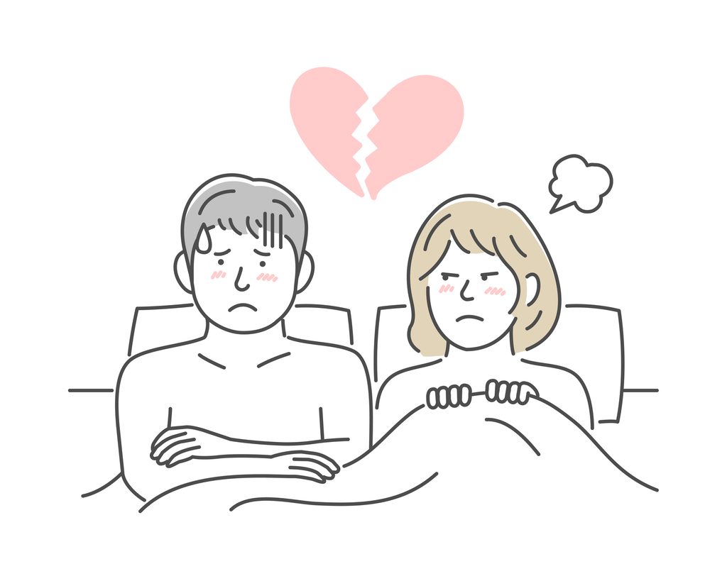 Illustration of a man and a woman lying in the same bed looking unhappy, with a broken heart above them